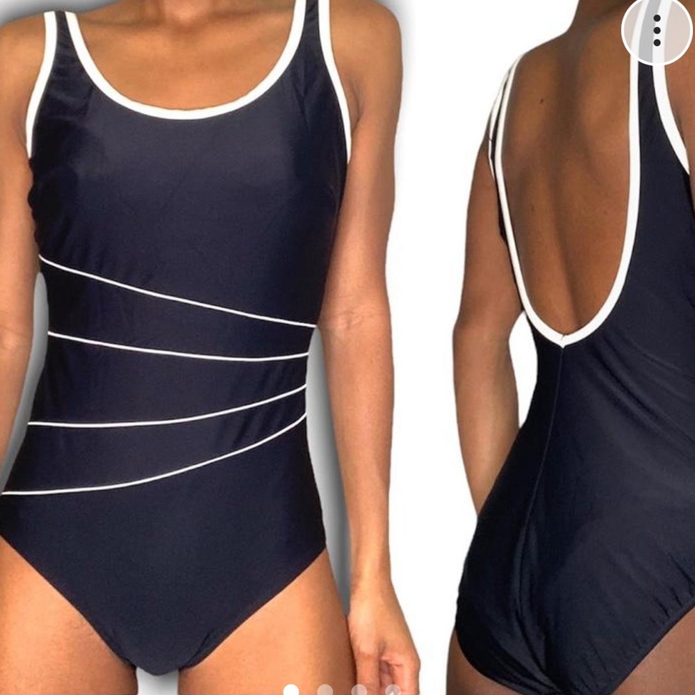 Black Maillot one piece swimsuit with diagonal curved white lines